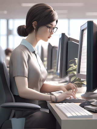 皮克斯风格美女工作人员在电脑前努力办公场景